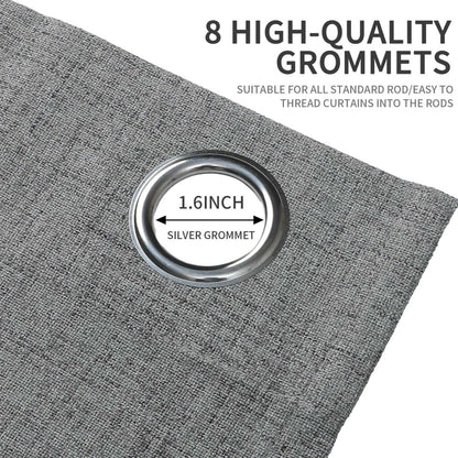 Light grey linen blackout curtain with 1.6-inch silver grommet, emphasizing quality and easy rod threading.