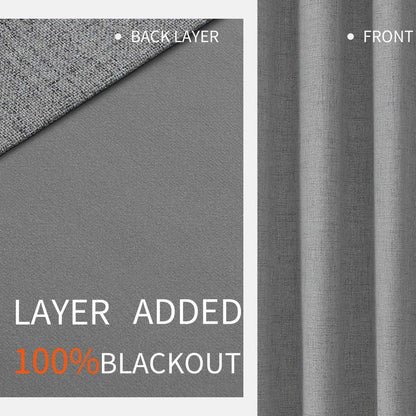 Joydeco light grey linen curtain construction: layered fabric, blackout lining, textured front, 100% blackout feature.