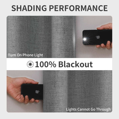 Joydeco light grey linen curtains demonstrate 100% blackout performance as light from a phone flashlight is blocked.