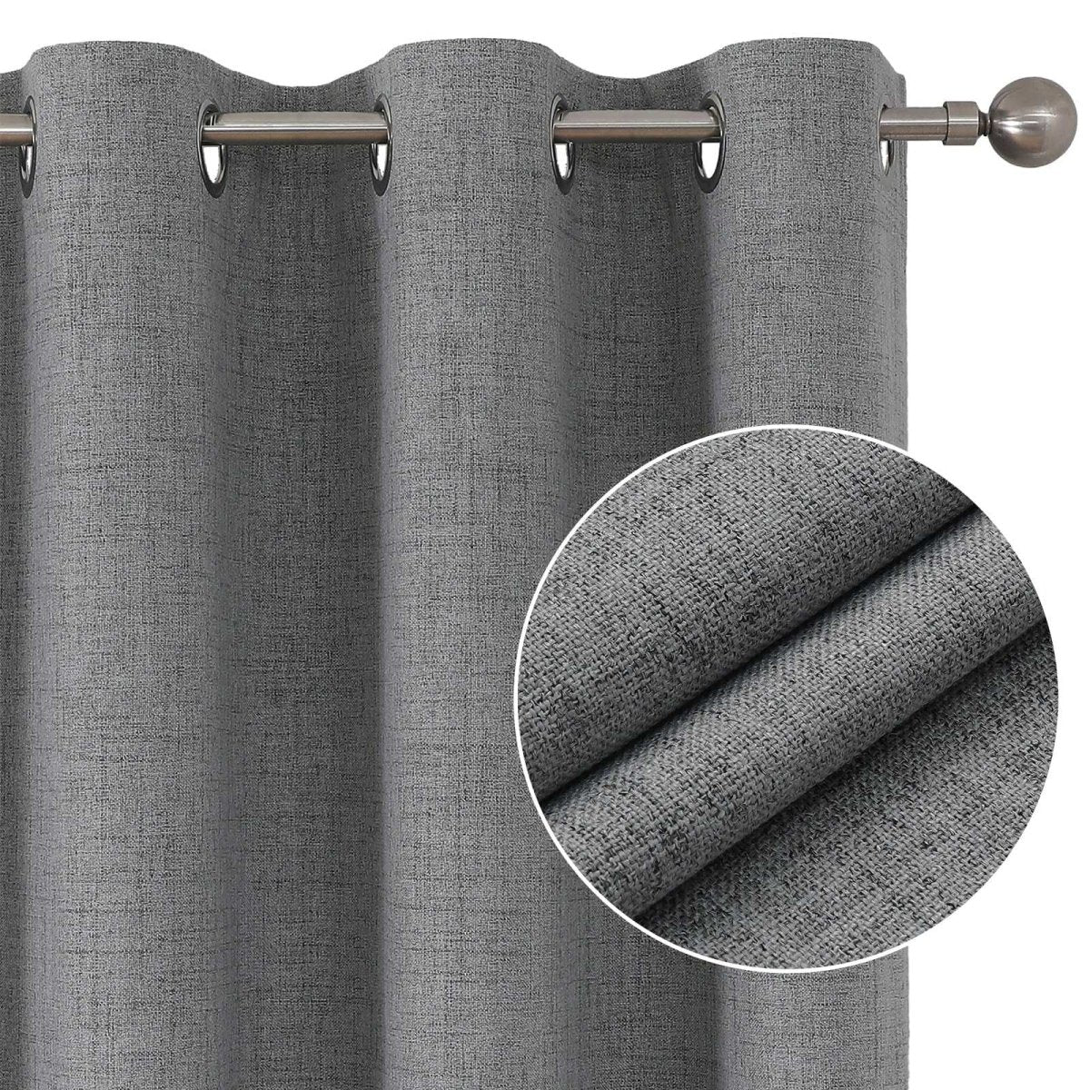 Light grey linen blackout curtain panel showing textured fabric weave up close with metal grommets.