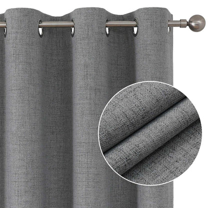 Light grey linen blackout curtain panel showing textured fabric weave up close with metal grommets.