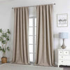 Joydeco beige linen blackout curtains with textured weave, shown in a living room setting with a plant and nightstand.
