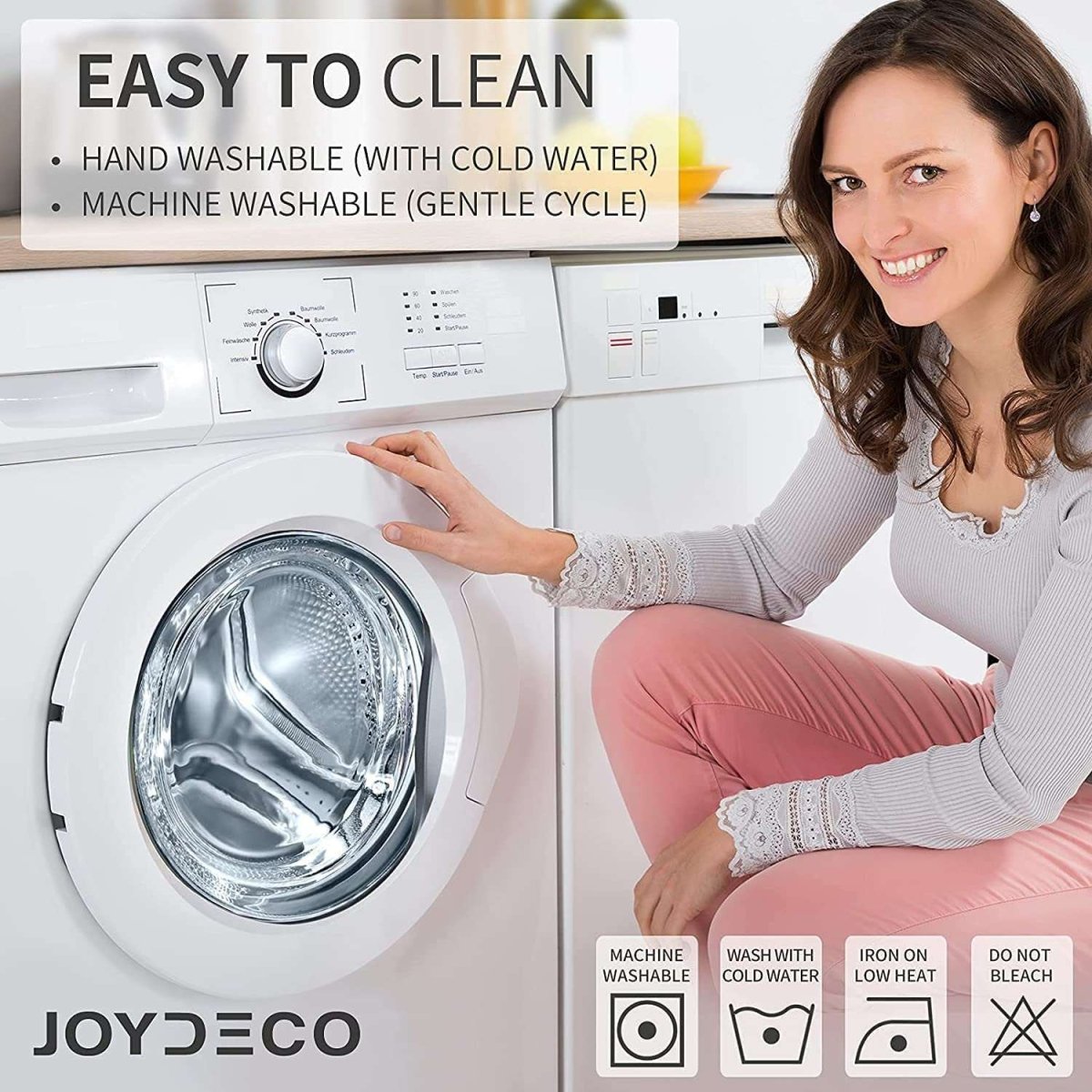 Joydeco blackout curtains: machine washable (cold water, gentle cycle). Hand wash. Low heat iron. Do not bleach.