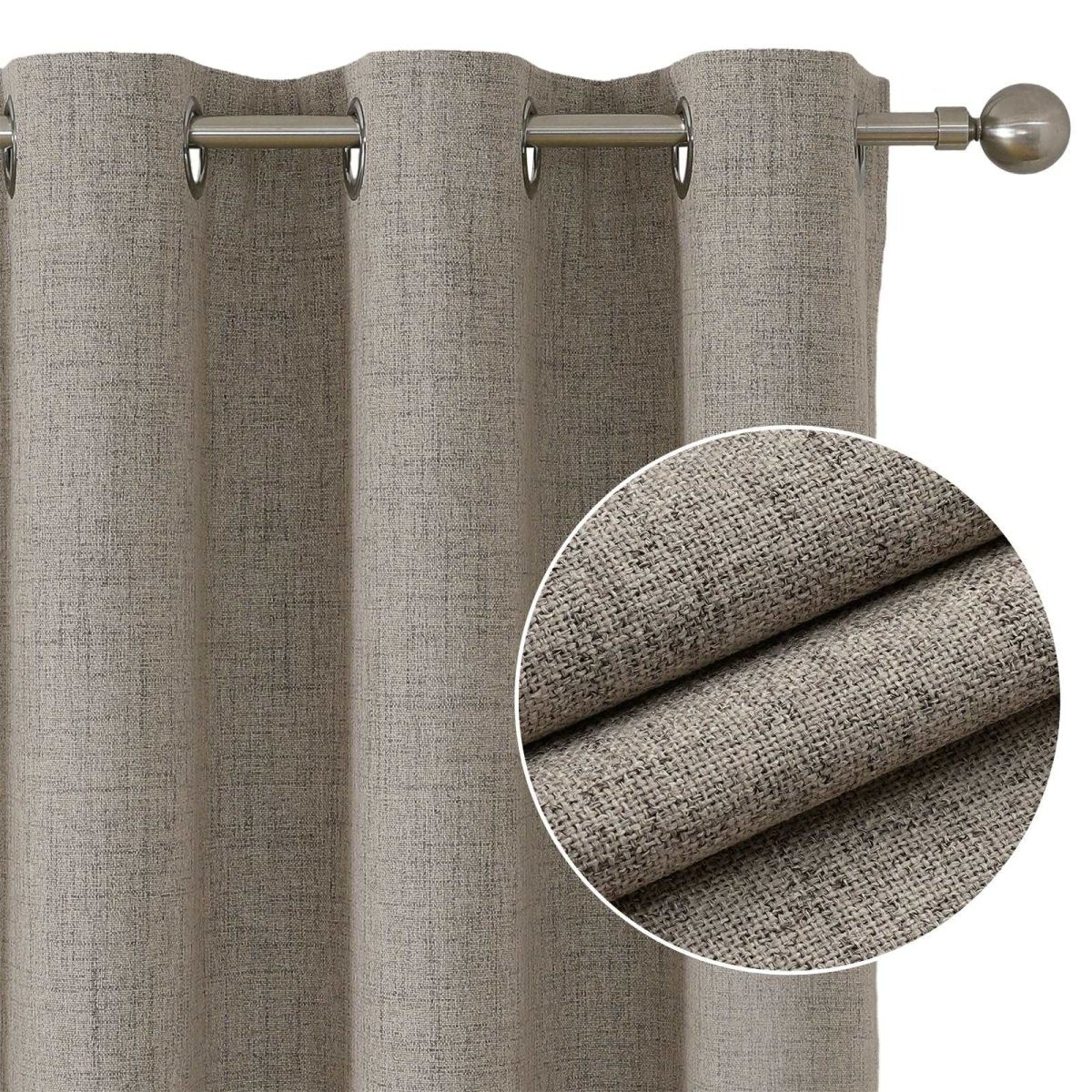 Close-up of taupe faux linen blackout curtain showing texture and grommet detail on brushed nickel rod.