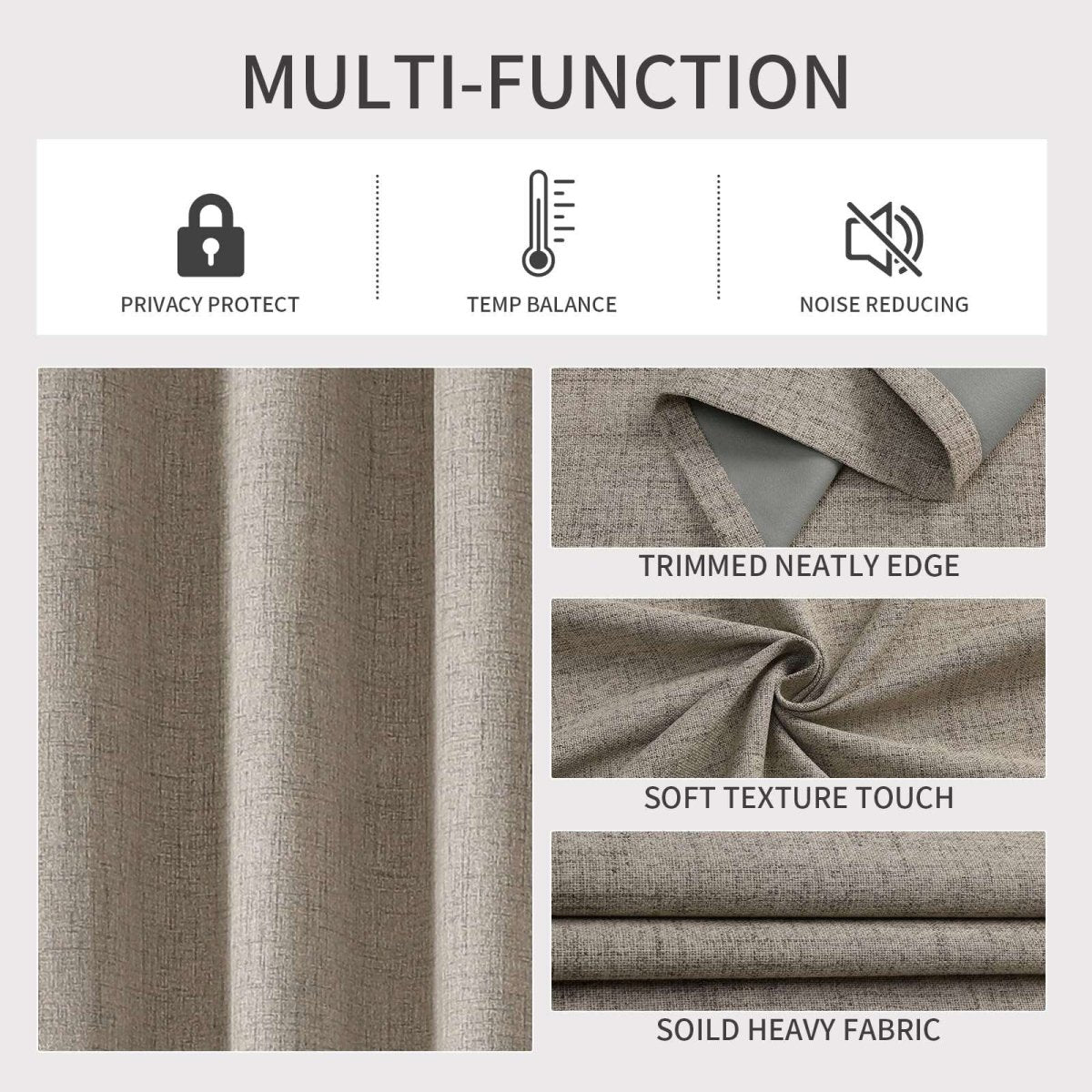 Taupe faux linen blackout curtains collage showcasing room darkening, thermal insulation, and noise reduction.