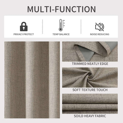 Taupe faux linen blackout curtains collage showcasing room darkening, thermal insulation, and noise reduction.