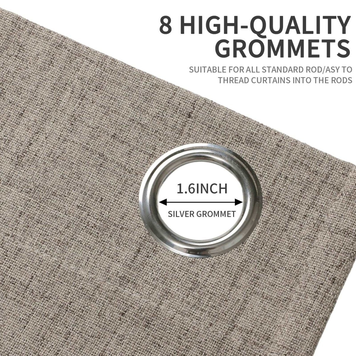 Beige faux linen curtain close-up showing 1.6 inch silver grommet, suitable for standard rods.