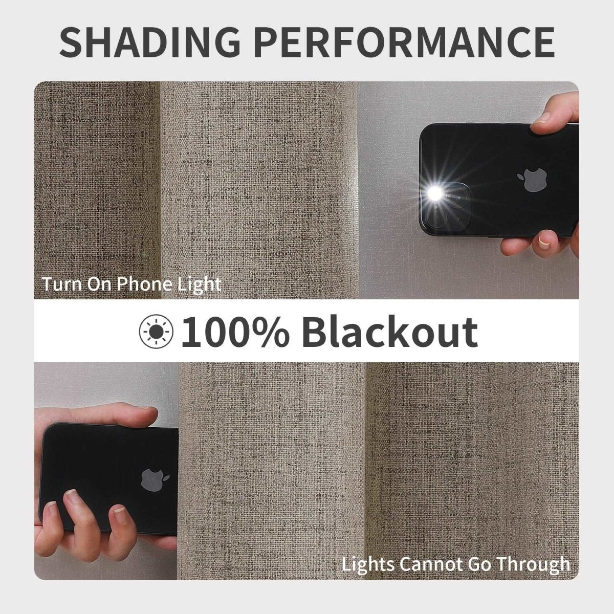 Faux linen blackout curtains demonstrating 100% light blocking. Phone flashlight shown to prove no light passes.