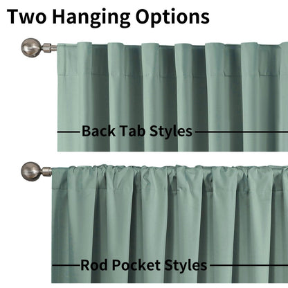Joydeco Mineral Blue Curtains: showcasing back tab and rod pocket hanging styles on metal rods.