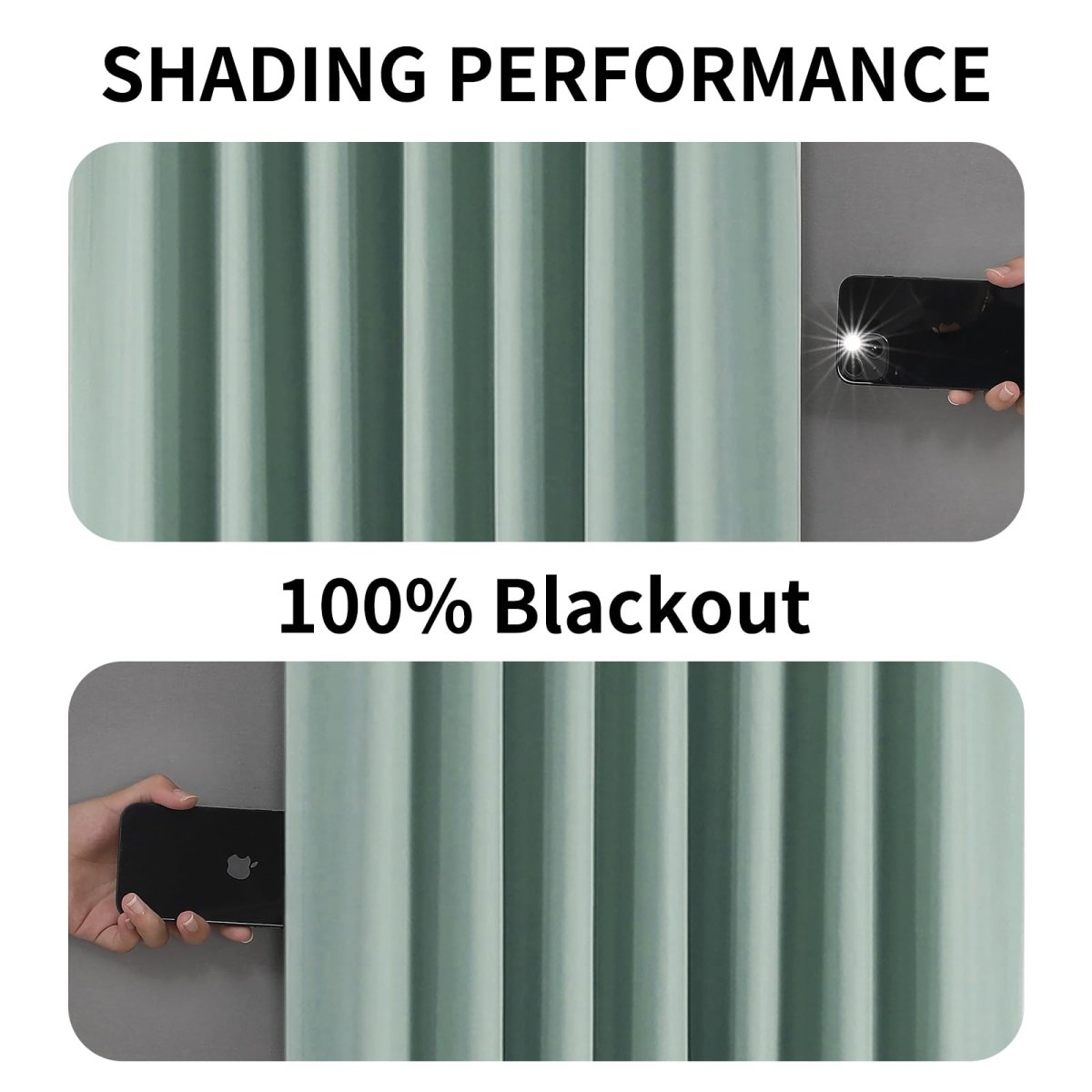 Joydeco Mineral Blue 100% blackout curtains showing light blocking effectiveness with flashlight test.