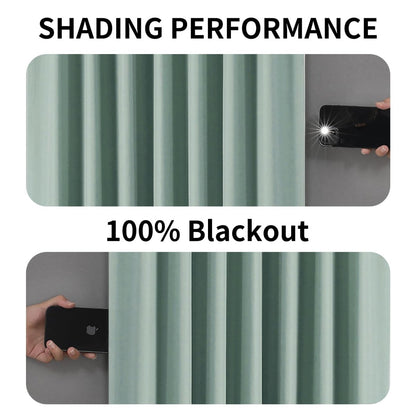 Joydeco Mineral Blue 100% blackout curtains showing light blocking effectiveness with flashlight test.