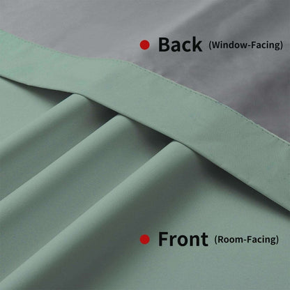 Joydeco mineral blue blackout curtain fabric: smooth room-facing front & grey window-facing back for darkness.