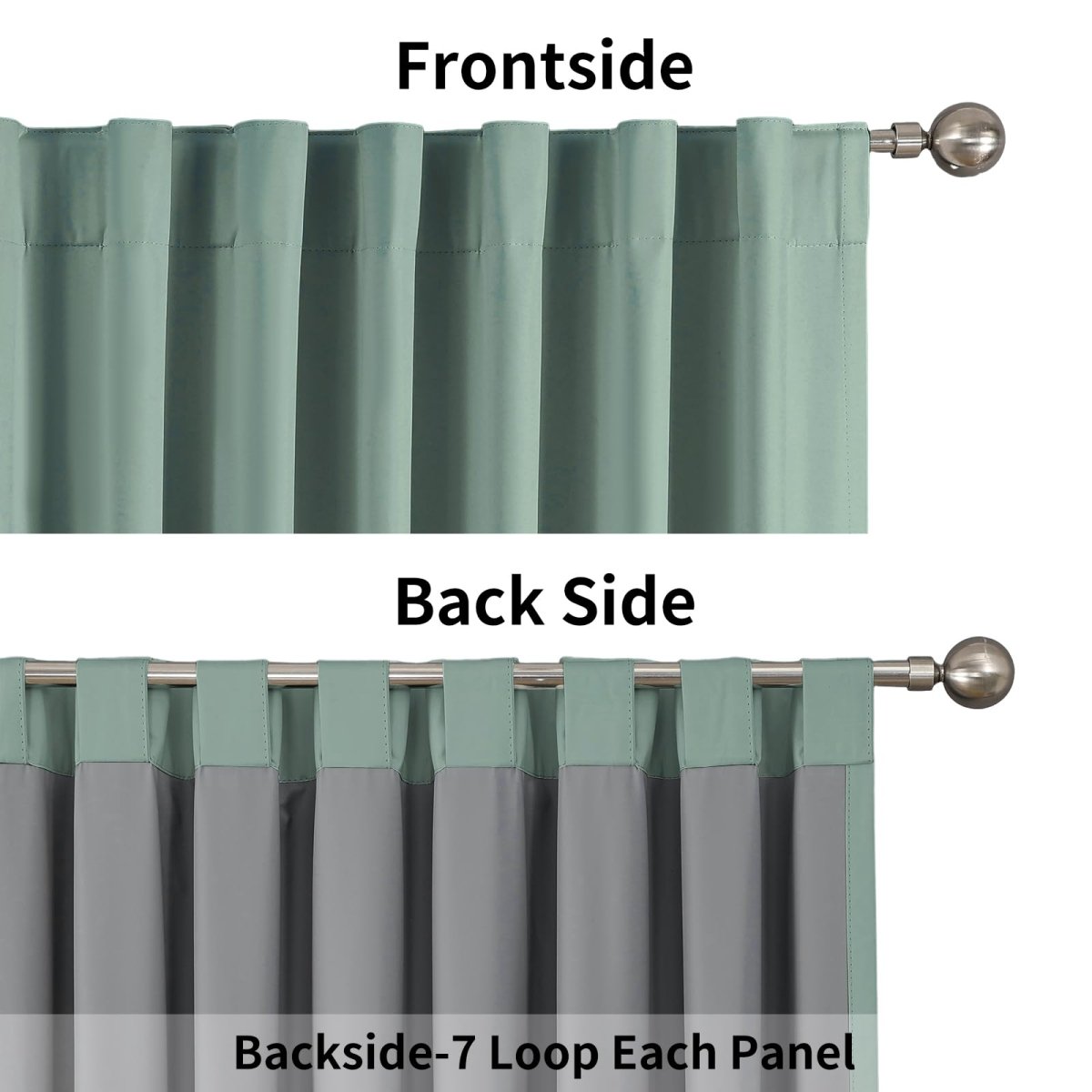 Joydeco mineral blue blackout curtains showing front smooth texture and back grey lining with back tabs on silver rod.