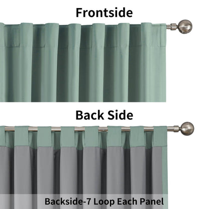 Joydeco mineral blue blackout curtains showing front smooth texture and back grey lining with back tabs on silver rod.