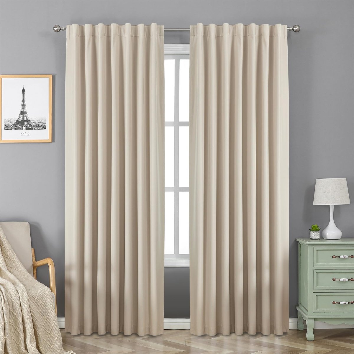 Joydeco 100% Blackout Curtains Natural Long for Bedroom Living Room - 2 Panels Set Burg Room Darkening Black Out Curtains for Bedroom Windows Back tab Rod Pocket - Joydeco