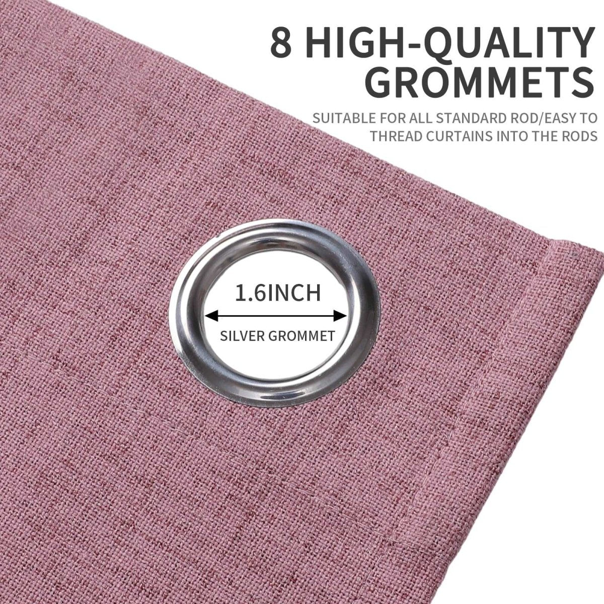 Joydeco pink linen blackout curtain close-up showing 1.6 inch silver grommet detail for easy rod installation.