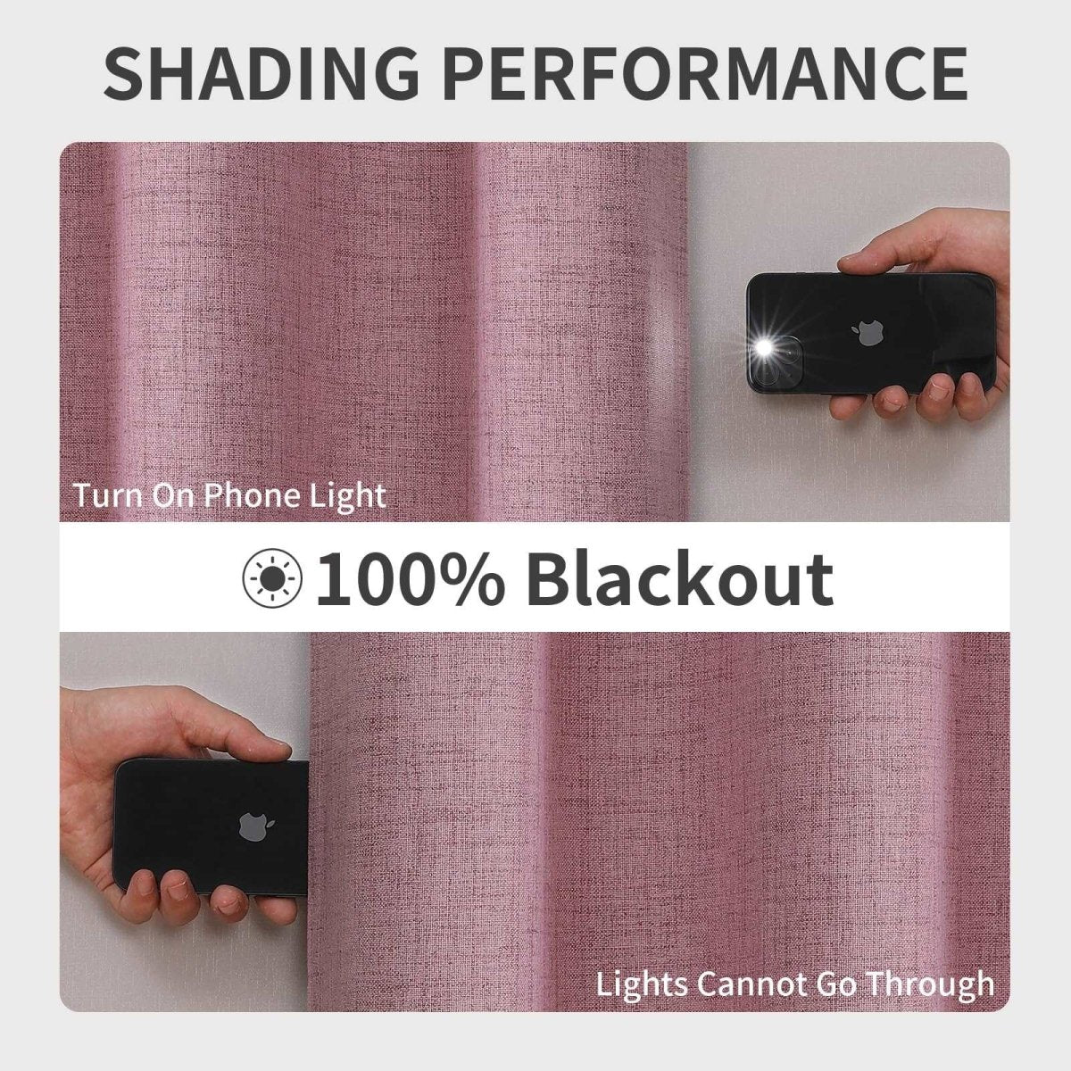 Joydeco pink textured linen blackout curtains show 100% blackout as flashlight light is blocked. Room darkening fabric.
