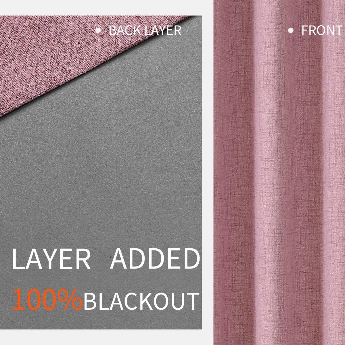 Joydeco pink textured linen blackout curtain construction: grey 100% blackout layer, front texture detail.