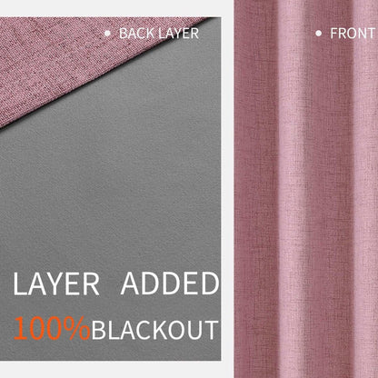 Joydeco pink textured linen blackout curtain construction: grey 100% blackout layer, front texture detail.