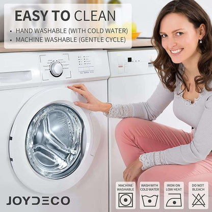 Woman near washing machine showing "Easy to Clean" text and icons for machine washable blackout curtains.