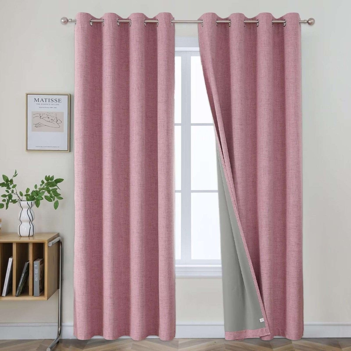 Joydeco pink textured linen blackout curtains, 2 panels, showing grey thermal lining, grommet top, for bedroom window.