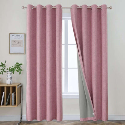 Joydeco pink textured linen blackout curtains, 2 panels, showing grey thermal lining, grommet top, for bedroom window.