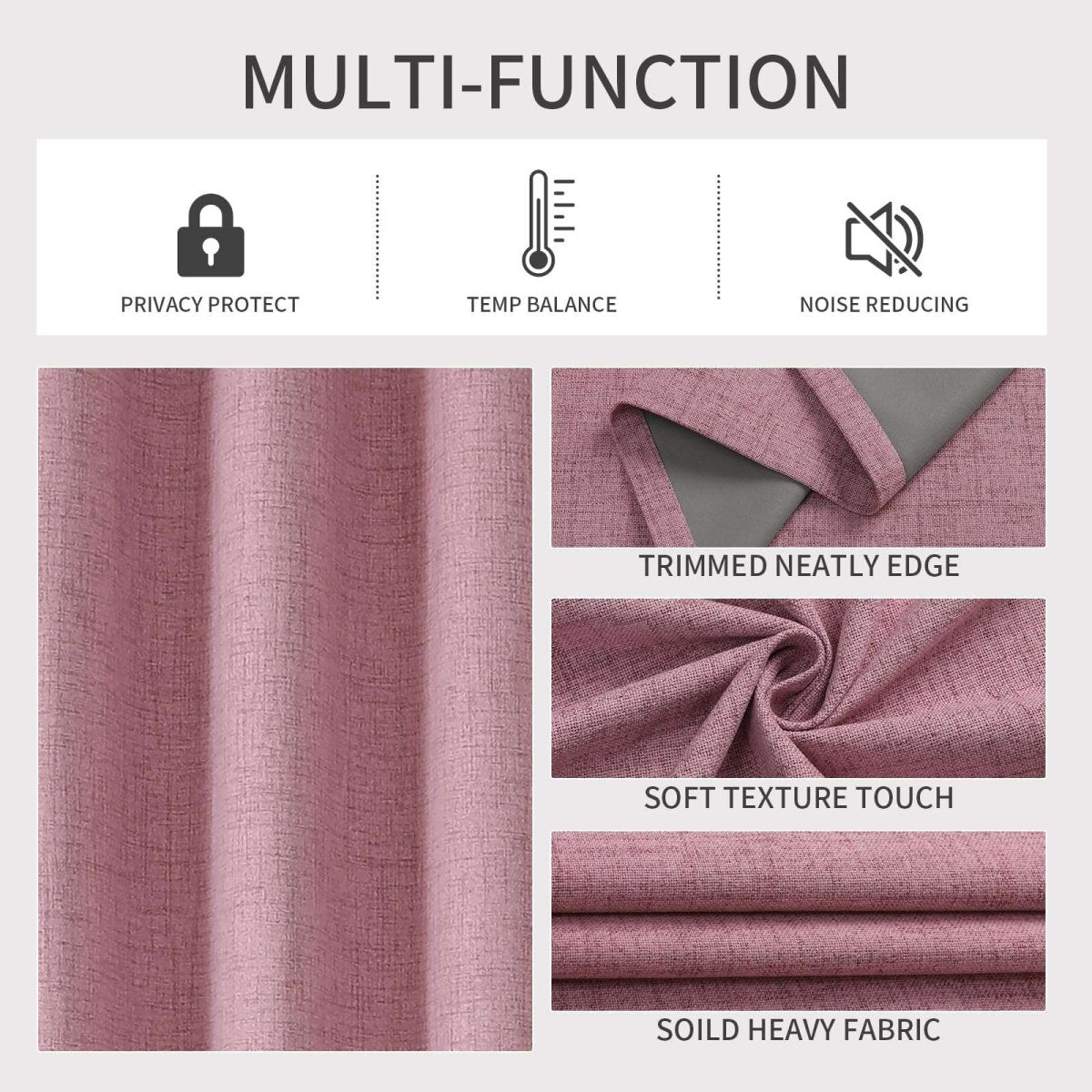 Joydeco pink textured linen blackout curtains: privacy, temp balance, noise reduction, fabric detail & neat edges.