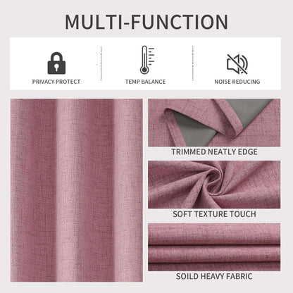 Joydeco pink textured linen blackout curtains: privacy, temp balance, noise reduction, fabric detail & neat edges.