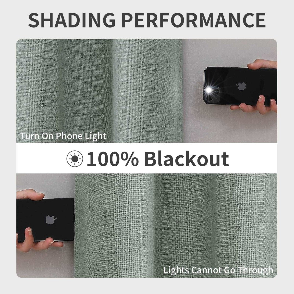 Sage green textured linen curtains demonstrating 100% blackout feature with phone flashlight test.