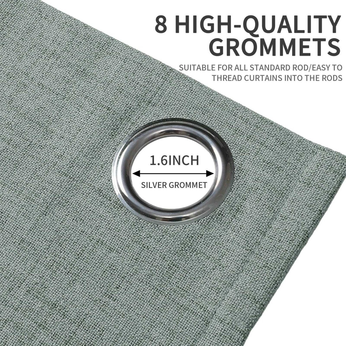 Sage green blackout linen curtain with 1.6-inch silver grommet, easy to thread.