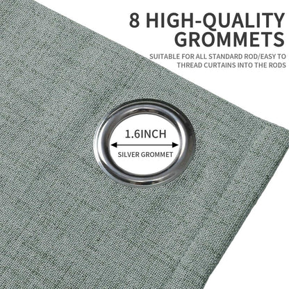 Sage green blackout linen curtain with 1.6-inch silver grommet, easy to thread.