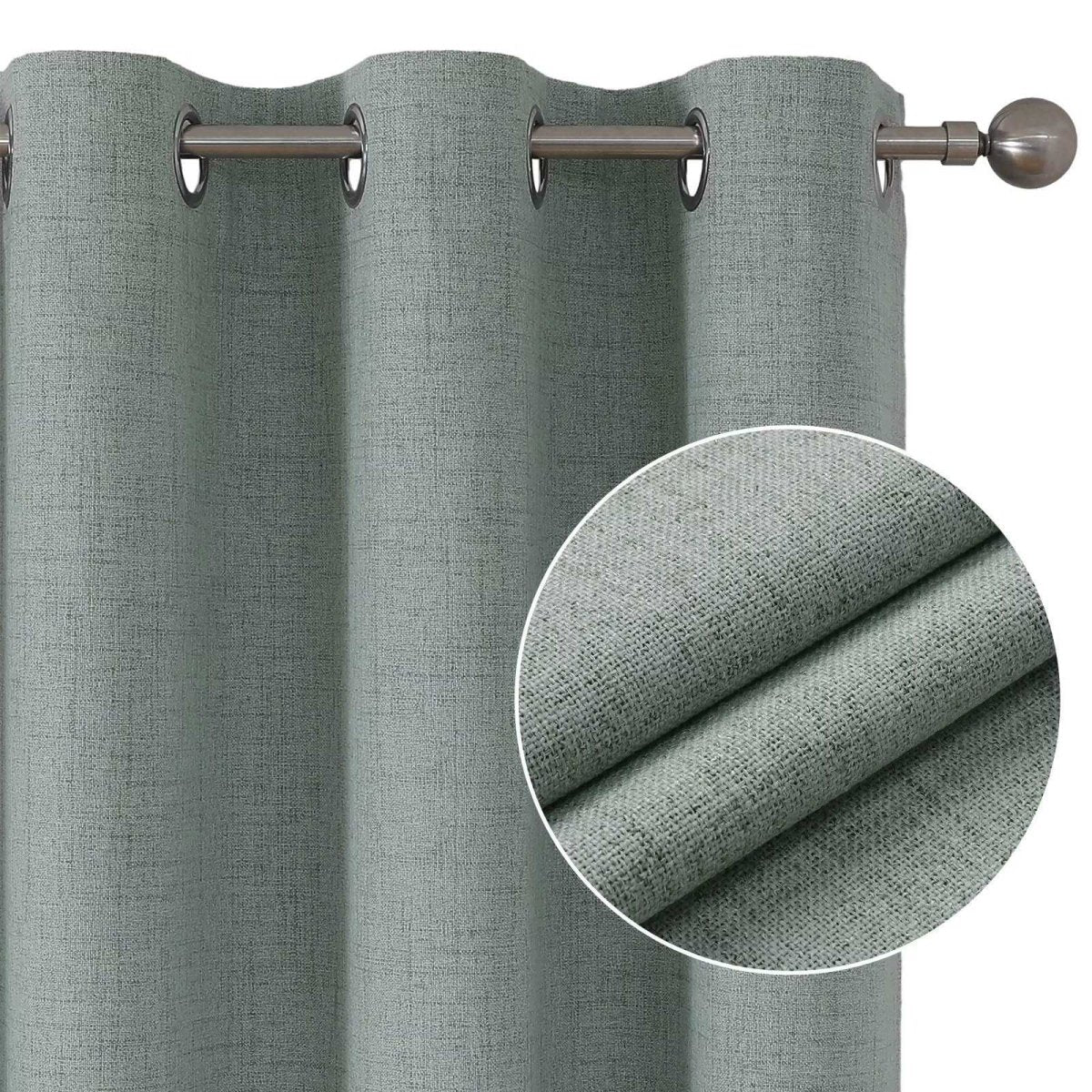 Sage green textured linen blackout curtain fabric detail and weave on grommet curtain panel.