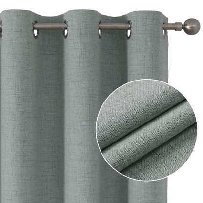 Sage green textured linen blackout curtain fabric detail and weave on grommet curtain panel.