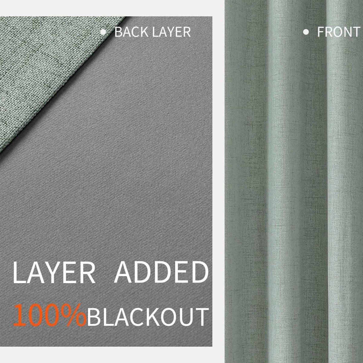 Sage green textured linen blackout curtain panel showing layered 100% blackout construction.