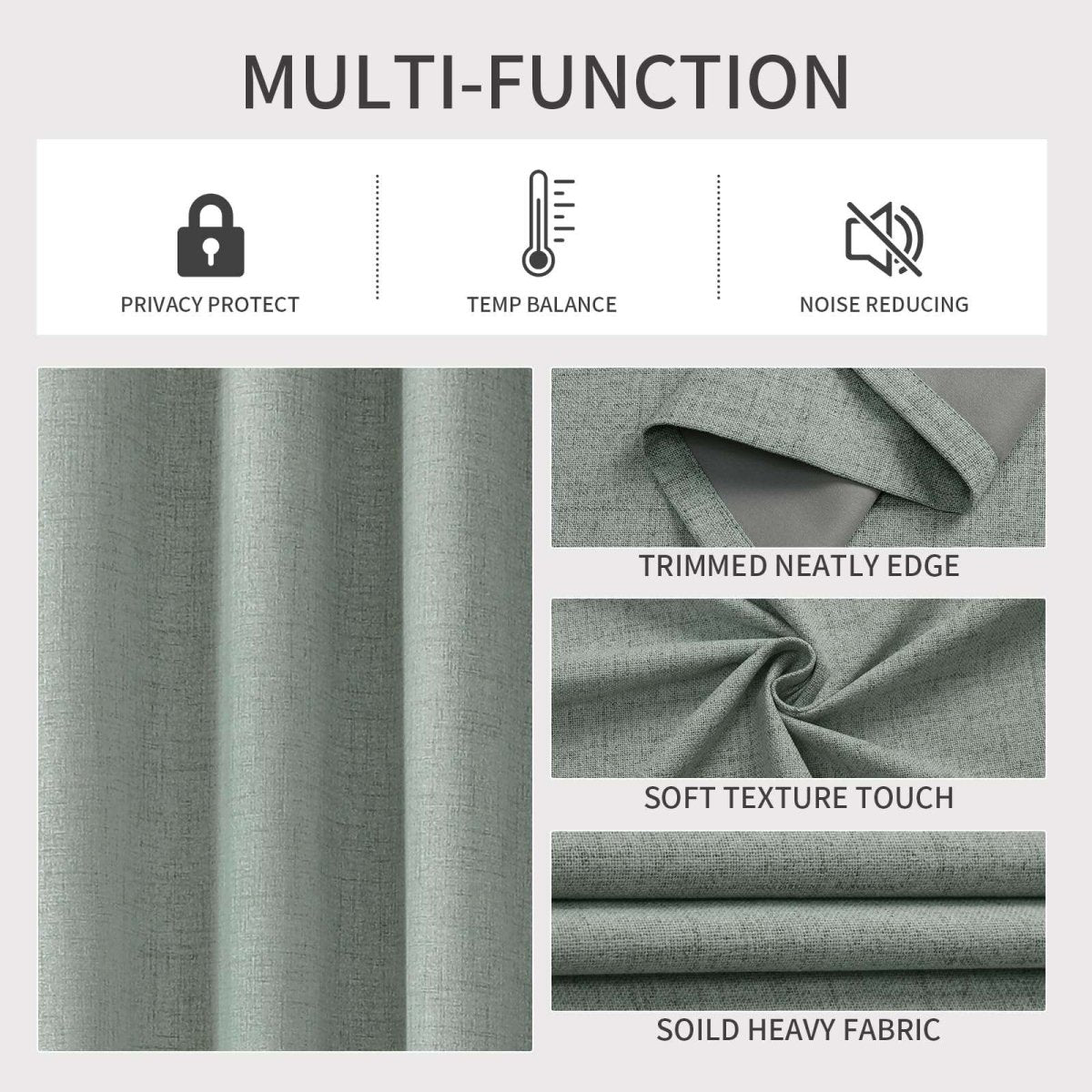 Sage green linen blend blackout curtains: privacy, temp balance, noise reduction. Neat edge, soft texture, heavy fabric.