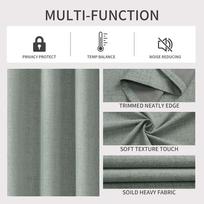 Sage green linen blend blackout curtains: privacy, temp balance, noise reduction. Neat edge, soft texture, heavy fabric.