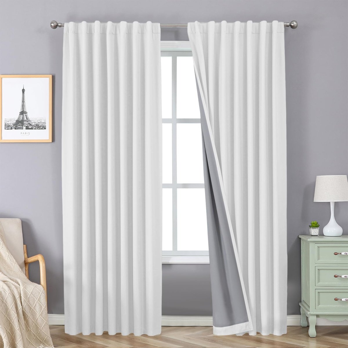 Joydeco 100% Blackout Curtains White Long for Bedroom Living Room - 2 Panels Set Burg Room Darkening Black Out Curtains - Joydeco