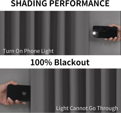 Joydeco dark gray blackout curtains demonstrate 100% light blocking with a phone flashlight test.