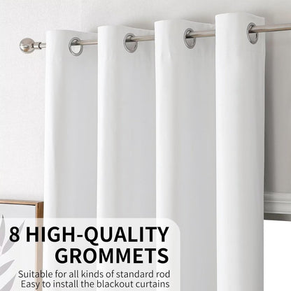 White Joydeco blackout curtain detail showing 8 high-quality grommets on silver rod, emphasizing easy installation.