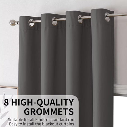 Joydeco dark gray blackout curtains with 8 high-quality silver grommets.
