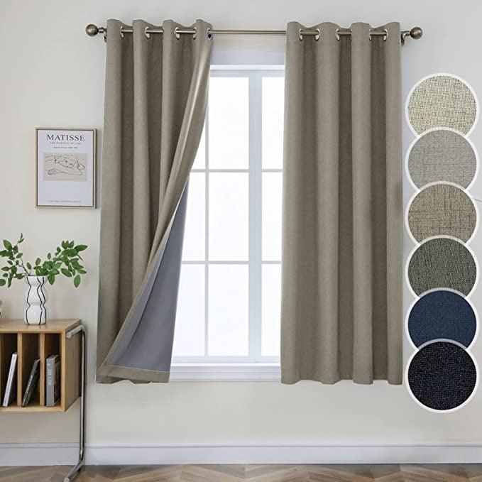 Joydeco 100% Blackout Linen Curtains Thermal Insulated Burlap Curtain & Drapes 2 Panels