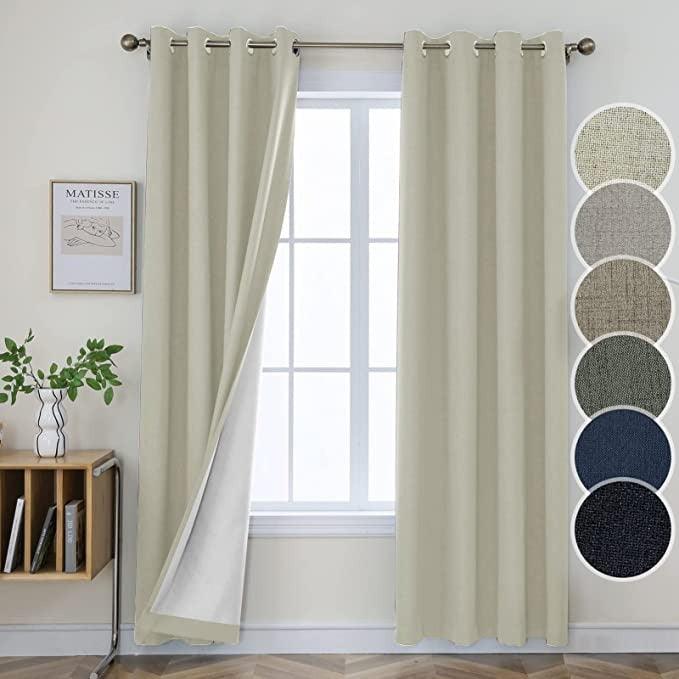 Joydeco 100% Blackout Linen Curtains Thermal Insulated Burlap Curtain & Drapes 2 Panels