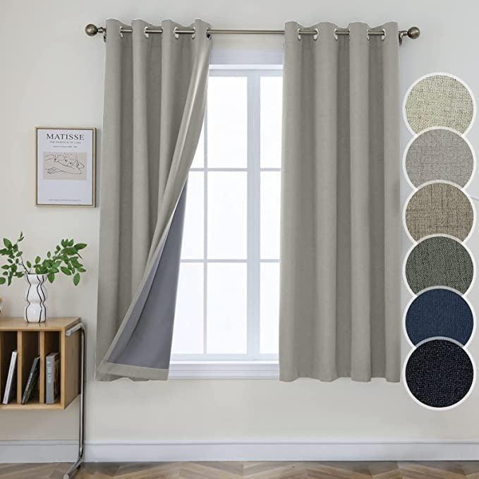 Joydeco 100% Blackout Linen Curtains Thermal Insulated Burlap Curtain & Drapes 2 Panels