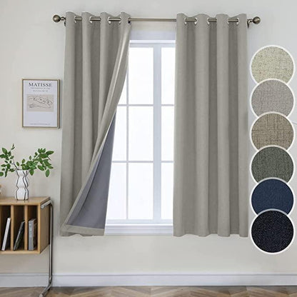 Joydeco 100% Blackout Linen Curtains Thermal Insulated Burlap Curtain & Drapes 2 Panels