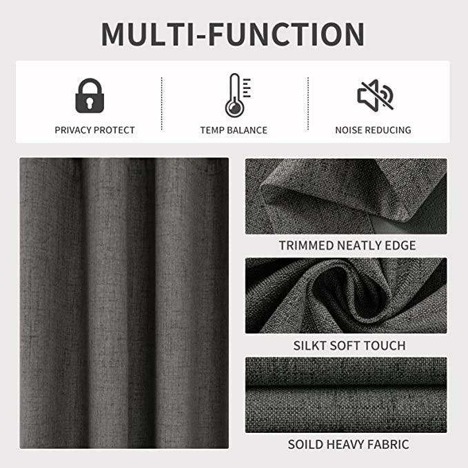 Dark gray linen blackout curtains showing texture, thermal insulation, privacy, and noise reduction features.