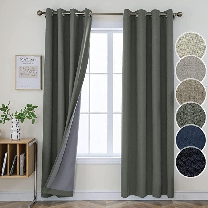 Charcoal gray linen blackout curtains with thermal lining and grommets, showing color and texture options.