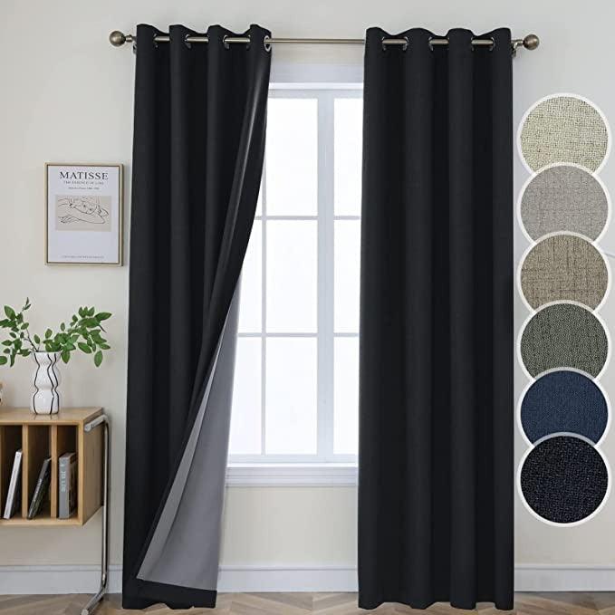 Joydeco 100% Blackout Linen Curtains Thermal Insulated Burlap Curtain & Drapes 2 Panels