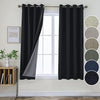 Black linen blackout curtains with gray lining, shown on rod. Color swatch collage displays fabric options.