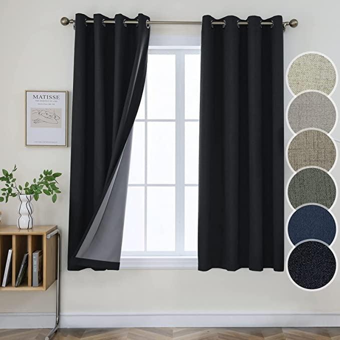 Black linen blackout curtains with gray lining, shown on rod. Color swatch collage displays fabric options.