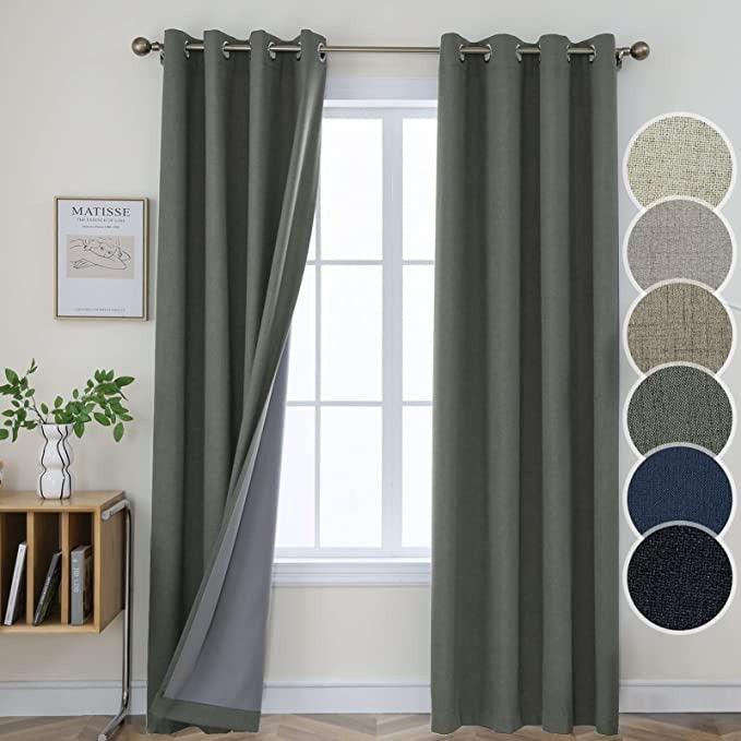 Dark green textured linen blackout curtains with grommets and thermal lining, shown with color swatches.